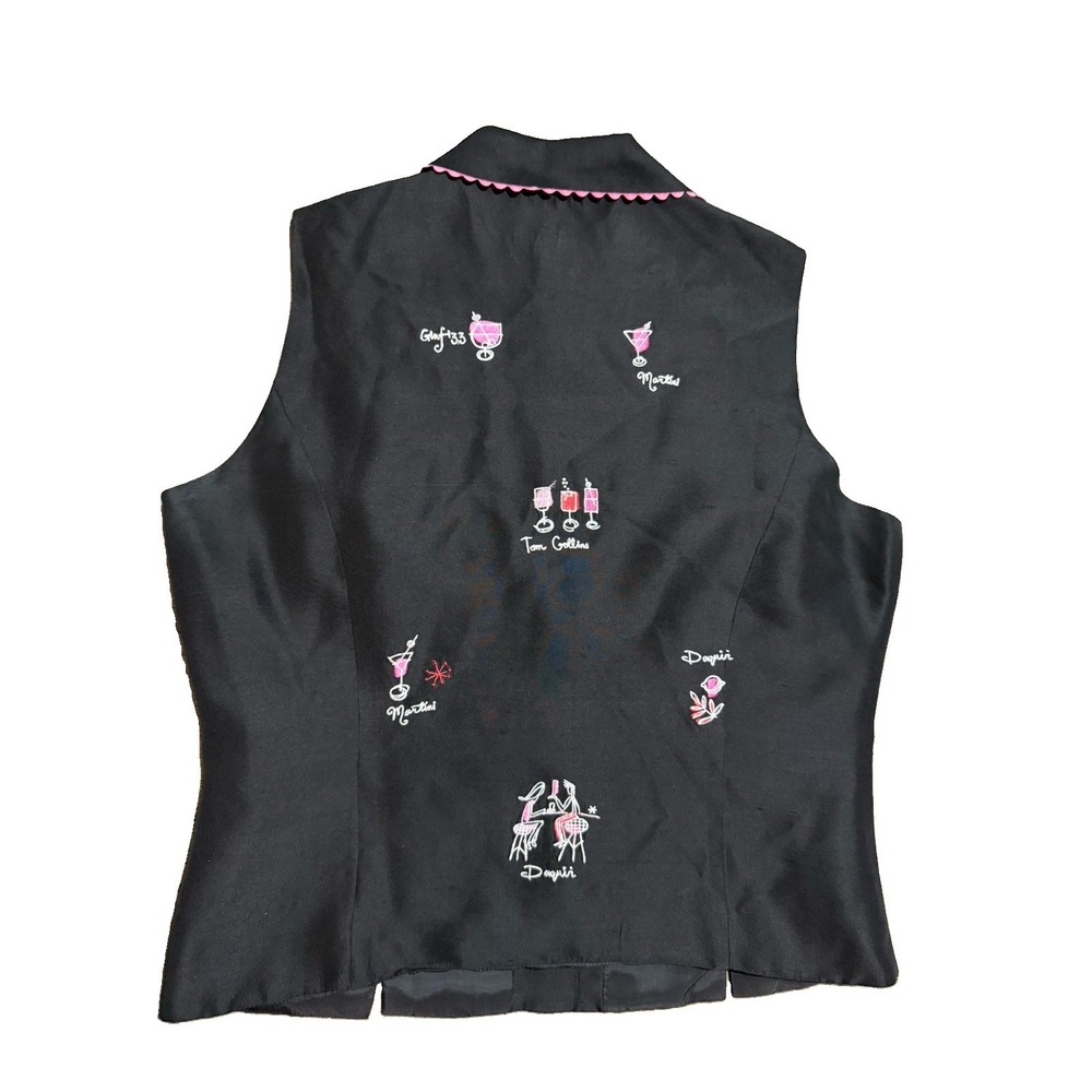 Silkland Black DRINKS Embroidered 100% Silk Top 10 Martini Daiquiri Sleeveless - Picture 4 of 4
